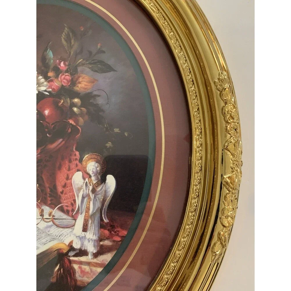 Vtg. Home Interiors Syroco style Floral Frame Bible Verse Angel Print Gold Frame